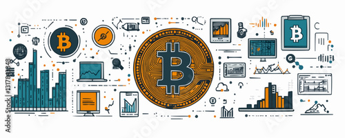 Flat bitcoin and cryptocurrency icons set – linear vector design.