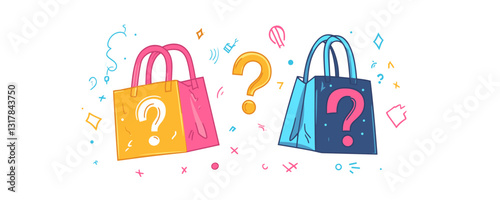 Flat style shopping bags icons set with question marks - vector graphics.