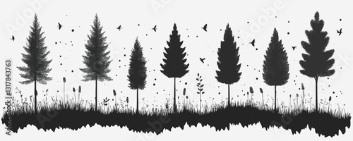 Flat linear nature icons set with trees and birds in vector style.