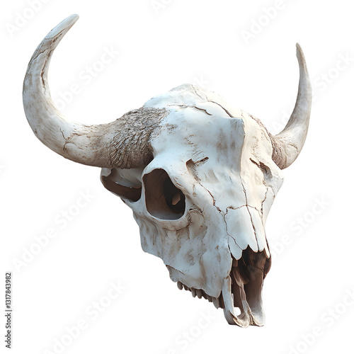 A photorealistic illustration of a bison skull with intricate bone details and aged textures