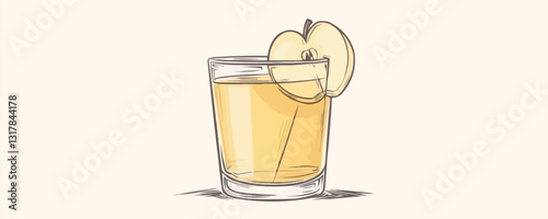 Apple juice flat icons set: linear vector glass and fruit illustrations.