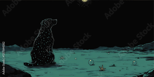 Dreamlike Vector Illustration of Starry Dog Under Moonlit Night Sky with Starfish and Glass Orbs in Surreal Landscape – Ideal for Creative Art and Design Themes