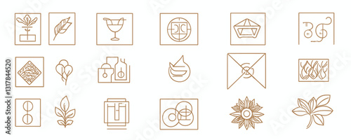 Linear flat icons set featuring minimalist nature and geometry symbols.