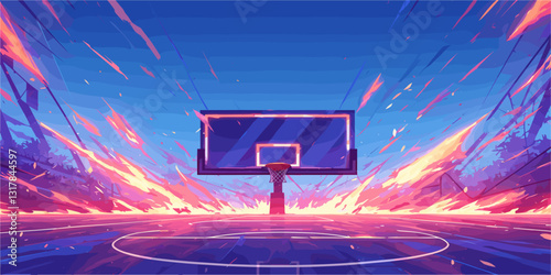 Dynamic flat icons set of basketball court with fiery streaks in vector style.