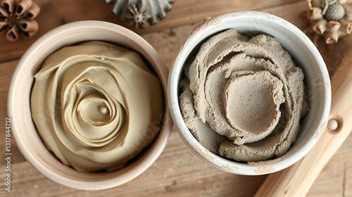 Natural clays like kaolin and bentonite in bowls