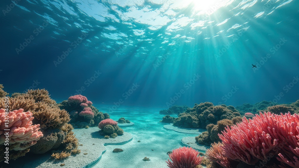 Obraz premium Sunlight streaming through clear ocean water over a coral reef with colorful corals 