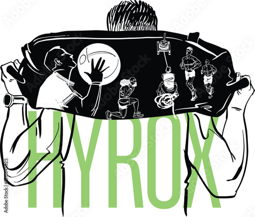 Illustration of a HYROX fitness event featuring athletes engaging in functional training exercises like sled pushing, rowing, and ski erg. Bold sketch style with dynamic action poses and green highlig