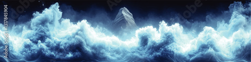 Majestic Mountain Peak Amidst Surreal Cloudscape in Stunning Blue Tones - Fantasy Art Vector Illustration for Nature Inspired Design and Digital Art Enthusiasts