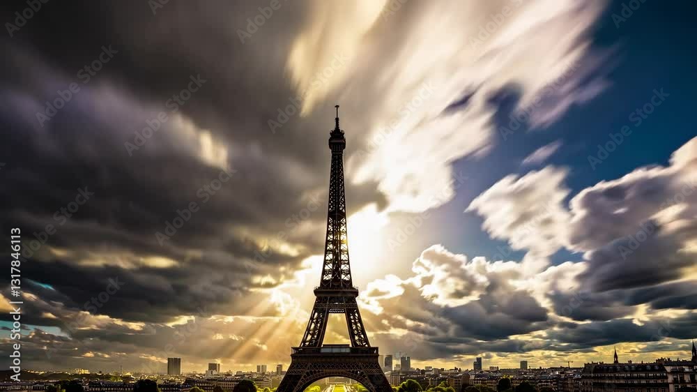 Dramatic clouds over the Eiffel Tower in Paris create a stunning evening skyline