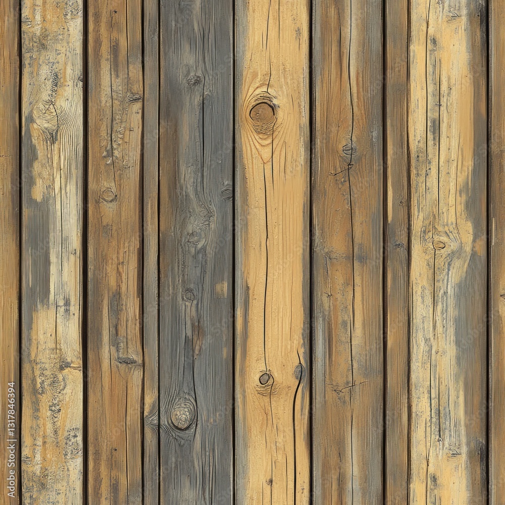 Fototapeta premium Seamless texture of weathered vertical wooden planks with varying tones of brown, gray, and natural wood.
