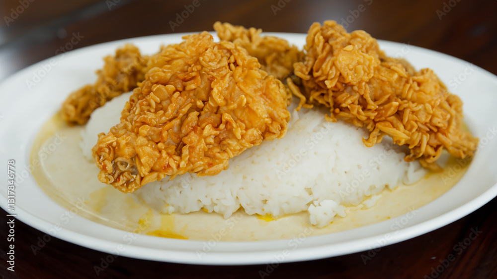 Fried rice with chicken. Prepared and served in a wok. Natural wood in the background. Fried rice with chicken. Prepared and served in a wok. Natural wood in the background.