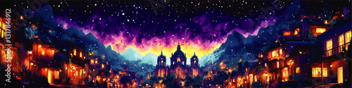 Vibrant Nighttime Village Scene with Illuminated Houses, Majestic Church, Starry Mountain Sky, and Purple-Orange Aurora in Stunning Vector Art Illustration