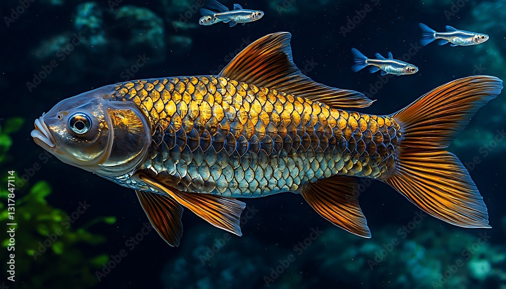 Fototapeta premium Golden carp swims in aquarium reef.
