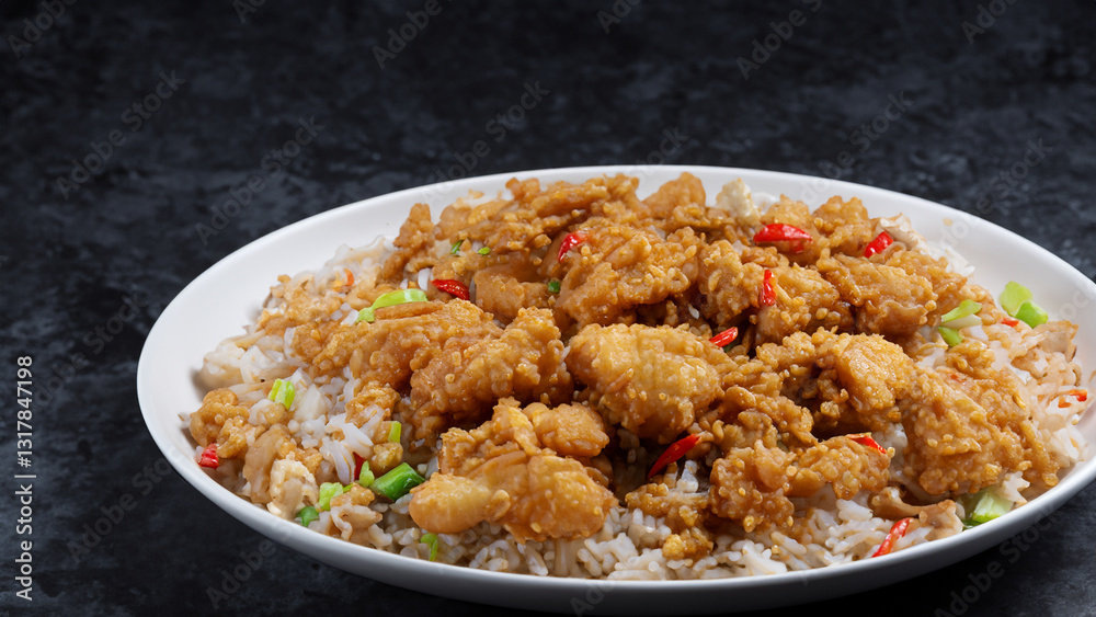 Fried rice with chicken. Prepared and served in a wok. Natural wood in the background. Fried rice with chicken. Prepared and served in a wok. Natural wood in the background.
