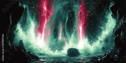 Mesmerizing Vector Image of Mystic Ocean Cavern with Surreal Pink and Blue Light Effects, Dynamic Waves, and Majestic Rocky Cliffs in an Enchanting Fantasy Scene
