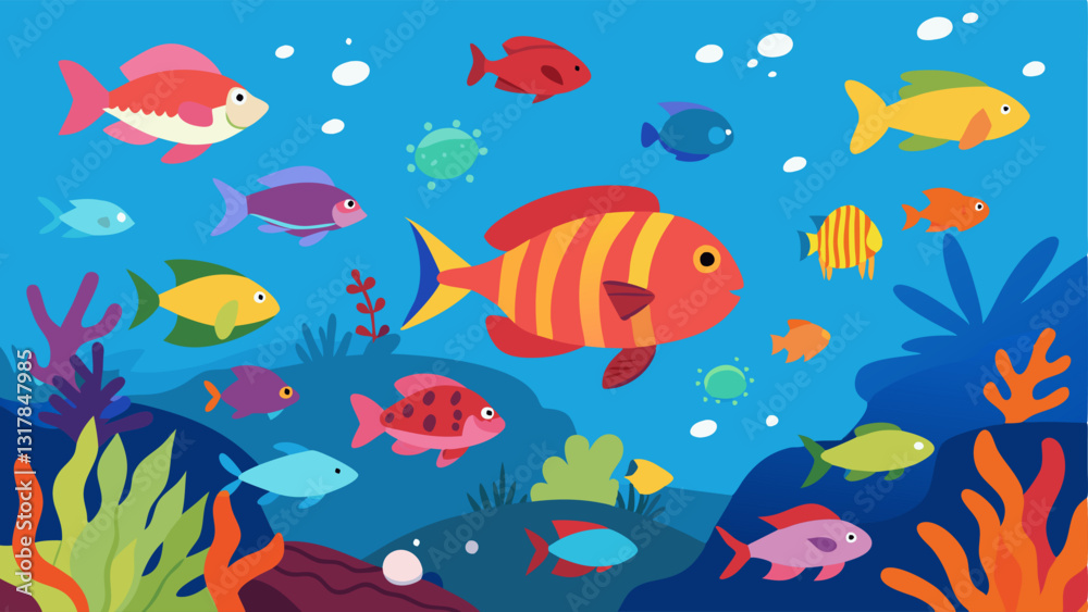 Naklejka premium Reef Fish Diversity A lively scene with a variety of colorful reef fish surrounded by healthy corals transitioning to fewer duller fish in damaged coral environments.