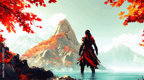 Serene Warrior in Autumn Landscape Vector Art: Red Leafy Trees, Majestic Mountain View, Reflections in Water, Tranquil Nature Scene for Desktop Wallpaper