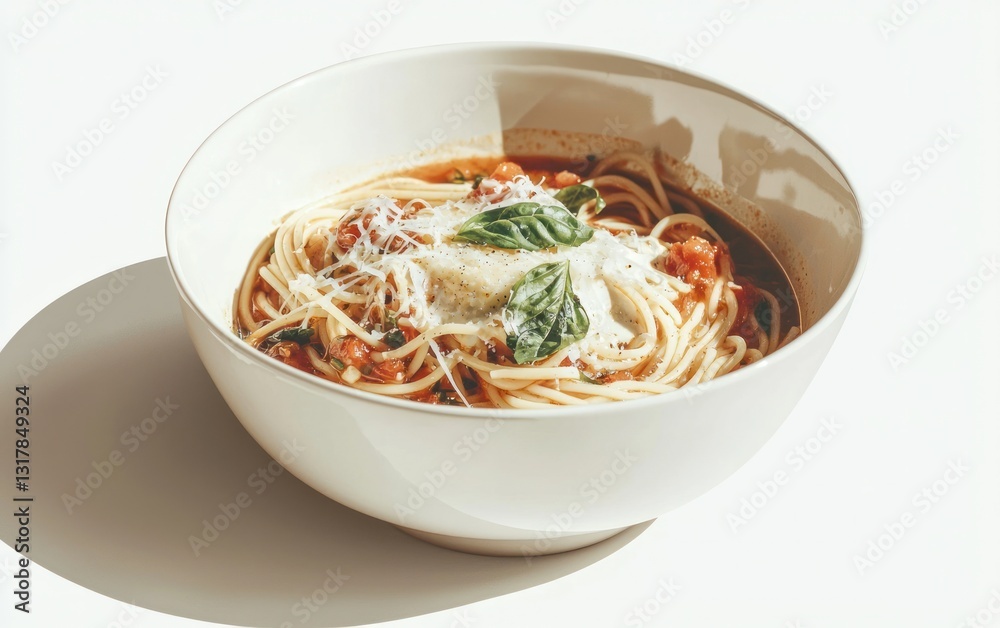 Spaghetti with Tomato Sauce and Basil in White Bowl Spaghetti with Tomato Sauce and Basil in White Bowl