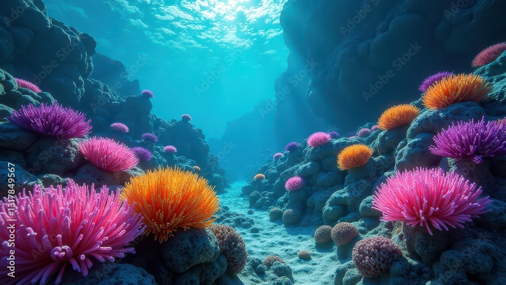Obraz premium Sunlight filtering through ocean water over a coral reef with glowing pink anemones 
