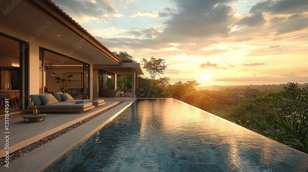 Fototapeta premium Scenic Villa with Infinity Pool Overlooking Sunset and Lush Landscape