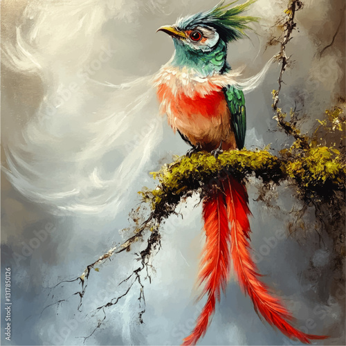 Vibrant Quetzal Bird Perched on Mossy Branch in Mystical Cloudy Forest - Stunning Vector Art of Colorful Feathers, Nature Scene, Wildlife Illustration