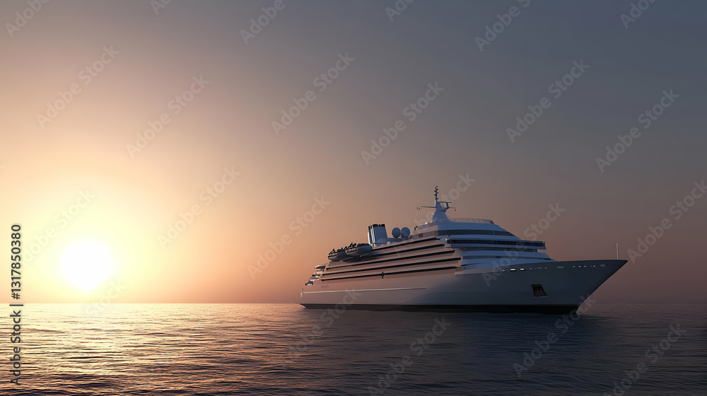 Luxury Cruise Ship Sailing on Calm Ocean with Golden Sunset over Horizon on Tropical Vacation Getaway Luxury Cruise Ship Sailing on Calm Ocean with Golden Sunset over Horizon on Tropical Vacation Getaway