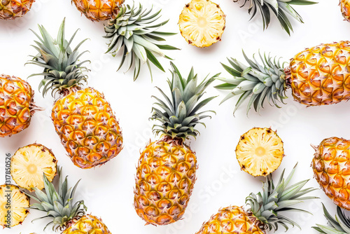 Pattern of whole and sliced pineapples on a white background. photo