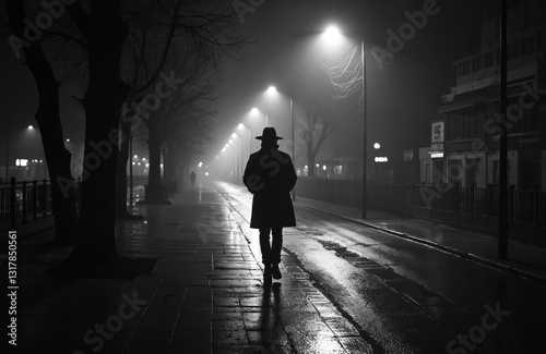 Dramatic monochrome of man in hat, raincoat walking through city street at night. Wet pavement reflects city lights, creates mysterious silhouette. Moody urban scene evokes film noir atmosphere,