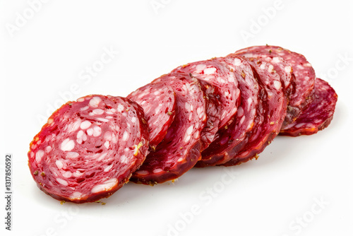 Pieces of sliced salami sausage, pile of salami sausage slices isolated on white background photo