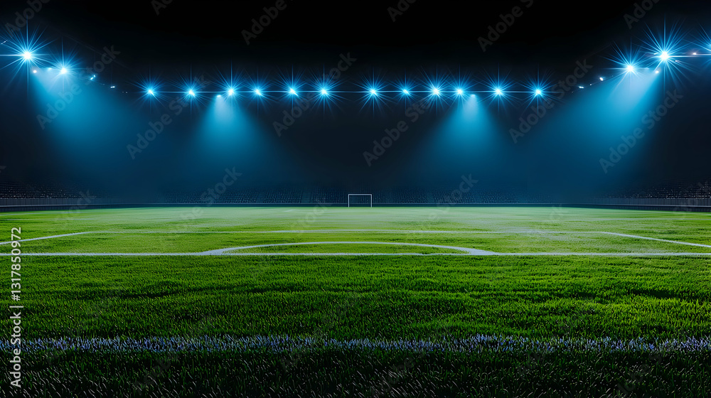 Naklejka premium Illuminated Empty Football Stadium Field At Night With Bright Blue Spotlights And Green Grass Under Dramatic Lighting