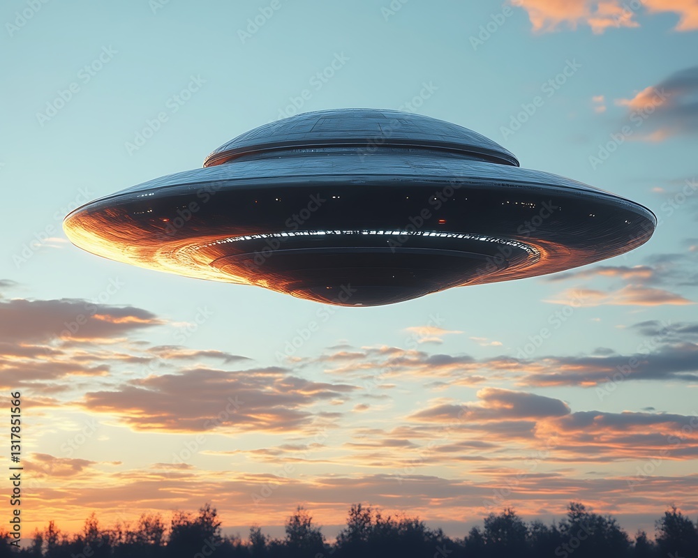 A futuristic flying saucer is shown hovering above the horizon A futuristic flying saucer is shown hovering above the horizon