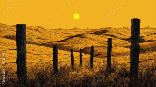 Serene Landscape with Rolling Hills and Sunset: Barbed Wire Fence in Golden Field - Vector Art for Nature Enthusiasts and Rural Scene Lovers