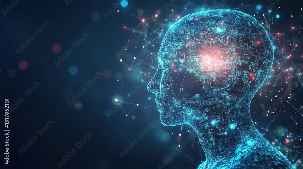 Digital representation of an artificial intelligence figure with glowing circuits and data connections against a dark background Digital representation of an artificial intelligence figure with glowing circuits and data connections against a dark background