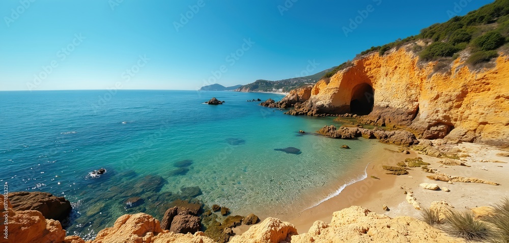 Scenic view of Plage du Port Vieux Biarritz on summer day. Clear turquoise water with cliff cave and blue sky. Vacation travel destination with sandy beach. Scenic view of Plage du Port Vieux Biarritz on summer day. Clear turquoise water with cliff cave and blue sky. Vacation travel destination with sandy beach.