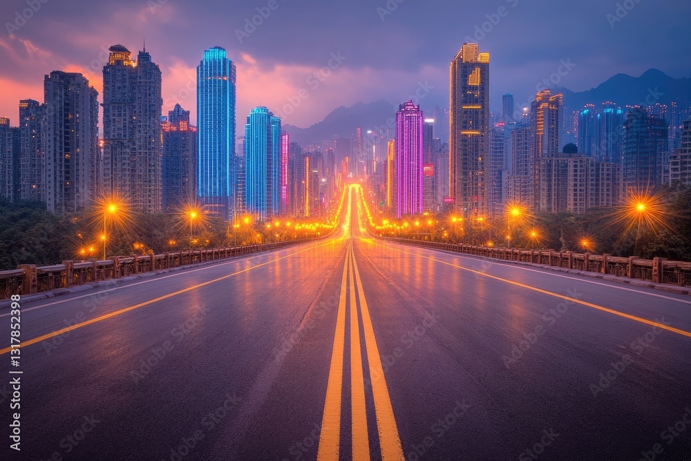 Empty highway leading to a city skyline at twilight Empty highway leading to a city skyline at twilight