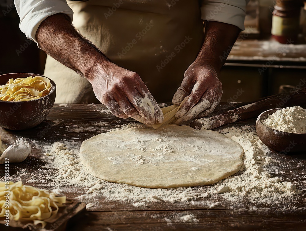Authentic Italian Pasta Making Process with Fresh Ingredients Flour Covered Wooden Table and Traditional Culinary Heritage Authentic Italian Pasta Making Process with Fresh Ingredients Flour Covered Wooden Table and Traditional Culinary Heritage