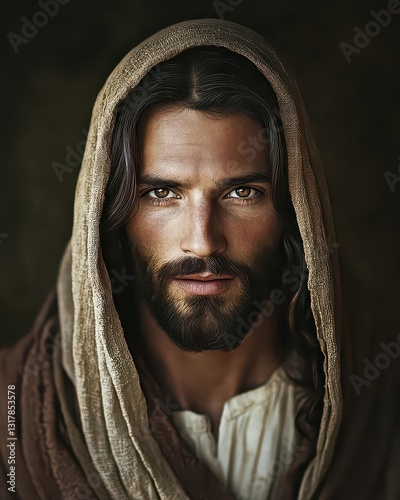 Authentic Jesus Christ Portrait Capturing Timeless Compassion and Profound Gaze in Simple, Earthy Attire Evoking Humble Spiritual Depth and Humanity