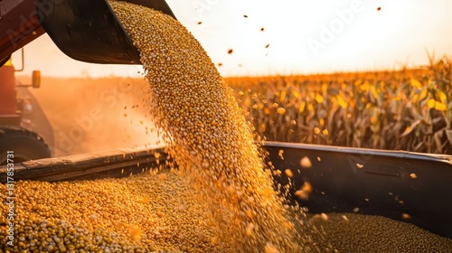 Farming equipment transferring harvested soybeans on a warm evening in a field surrounded by dry corn stalks