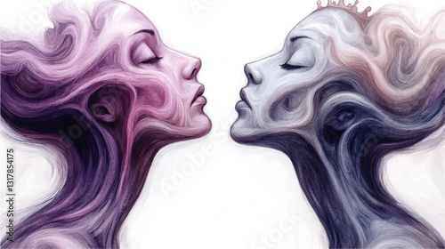 Surreal Vector Art of Two Abstract Female Faces, Pink and Blue, Facing Each Other in Dreamy Ethereal Design with Fluid Hair and Crown Elements