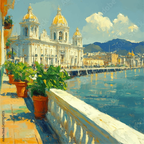 Stunning Mediterranean Coastal Cityscape Vector Illustration with Historic White Cathedral, Golden Domes, Oceanfront Promenade, and Lush Potted Plants
