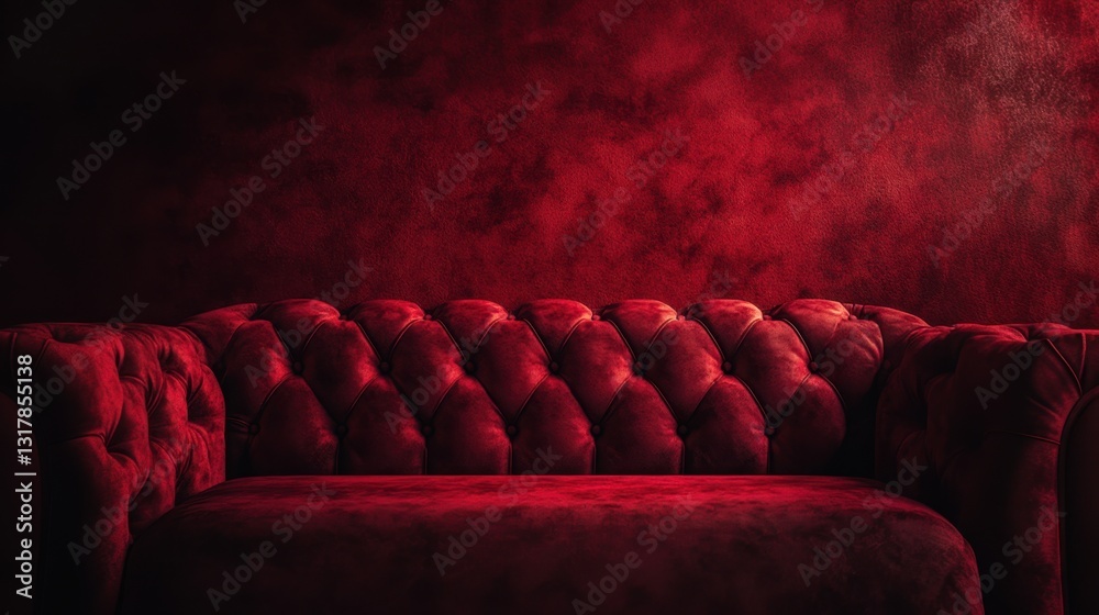 Obraz premium Luxurious red velvet chesterfield sofa in front of red wall