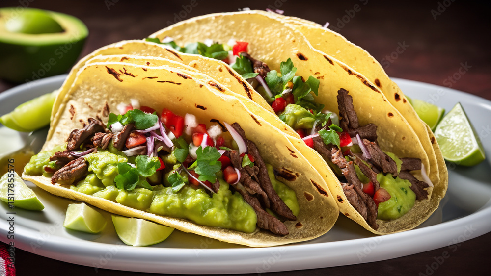 Freshness on a plate Mexican taco with grilled beef and guacamole. Freshness on a plate Mexican taco with grilled beef and guacamole.