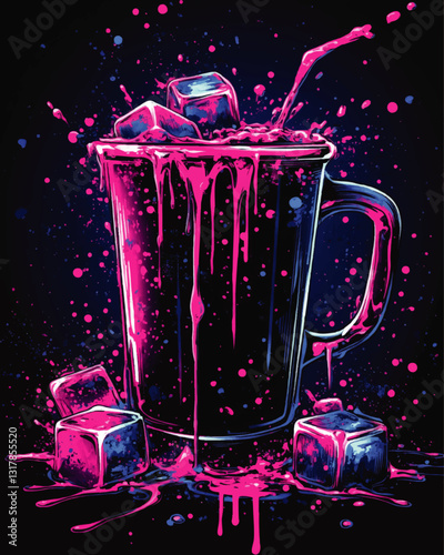 Vibrant Neon Splatter Art: Overflowing Pink Drink in a Mug with Ice Cubes and Dynamic Splash Effect on Dark Background - Energetic Pop Art Illustration