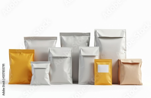 Various blank plastic postal packages isolated on white background. Bags, packets different shapes and sizes, arranged in studio light. Online shopping order delivery to buyer.