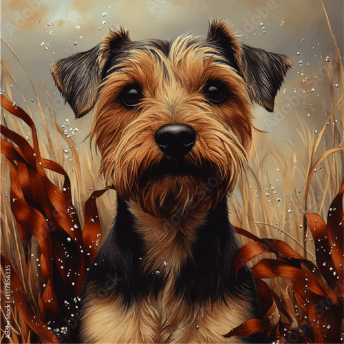 Vector Illustration of Adorable Yorkshire Terrier Amidst Autumn Wheat Field with Sparkling Snowflakes - Perfect for Animal Art Decor and Pet Lovers