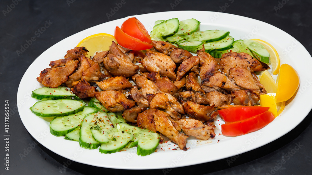 Plate of chicken shawarma, seasoned and cooked on rotisserie. Plate of chicken shawarma, seasoned and cooked on rotisserie.