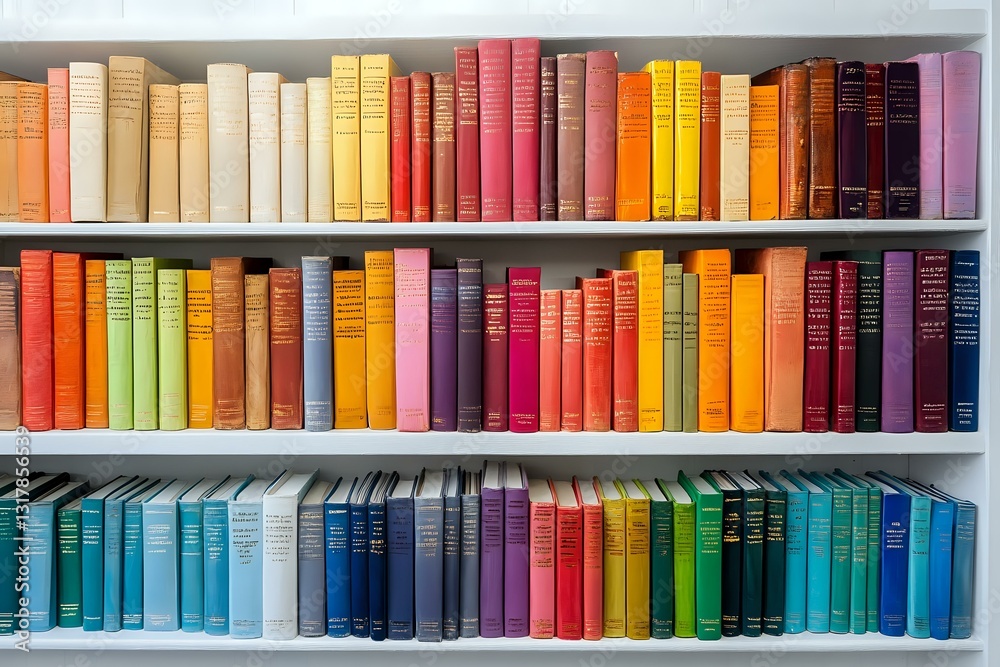 Fototapeta premium Colorful hardcover books arranged by spectrum colors on white library shelves, creating rainbow pattern. Collection shows spines in blue, orange, pink, and yellow tones.