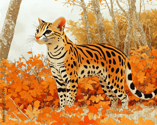 Majestic Ocelot in Autumn Forest Vector Art - Exotic Wildlife Illustration Amidst Orange Fall Foliage and Birch Trees for Nature-Themed Decor and Design