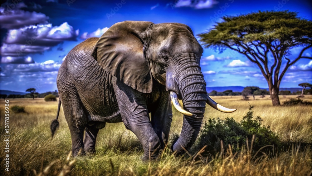 Fototapeta premium Candid Photo: Elephant Foraging for Food in African Savanna