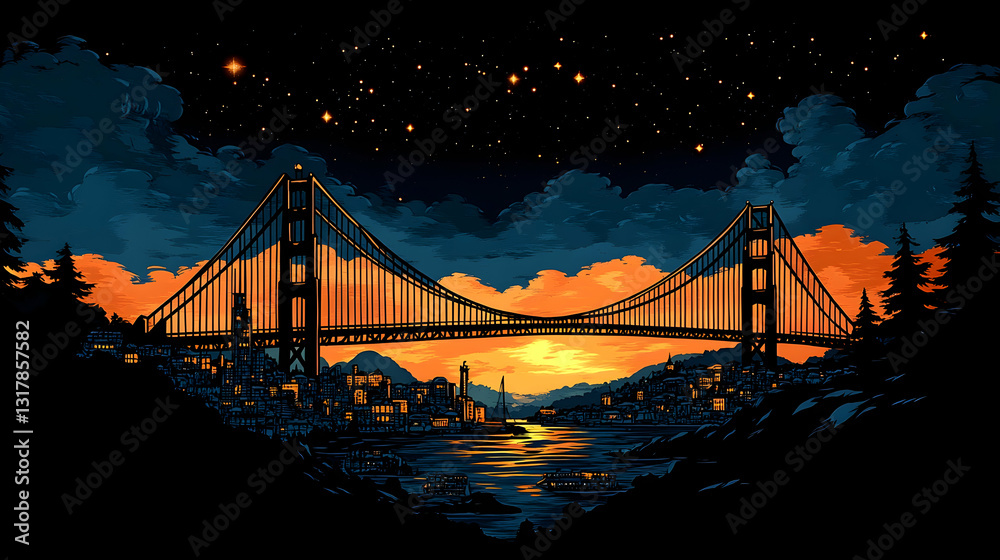 Obraz premium Nighttime cityscape with iconic bridge, vibrant colors, and starry sky